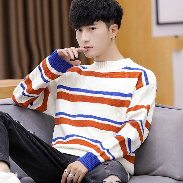 Meeste triibuline madala krae ja pikkade varrukatega sviiter