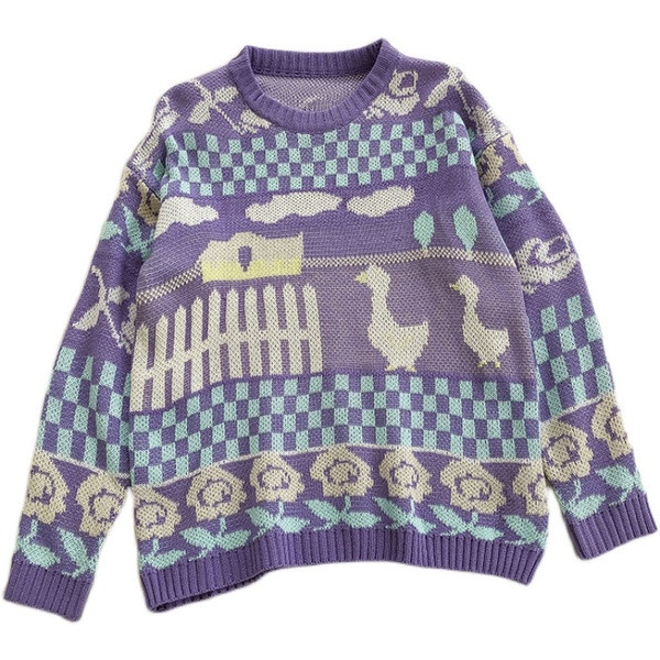 Πολύχρωμο γυναικείο πουλόβερ με οβάλ ντεκολτέ και μακριά μανίκια