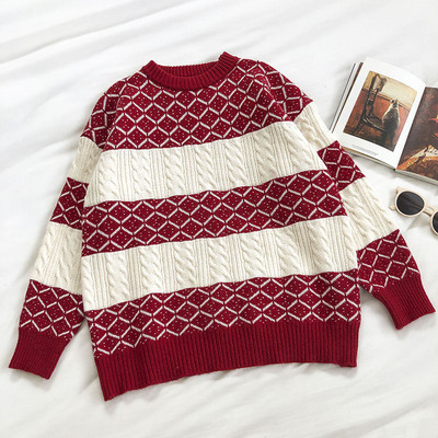 Νέο μοντέλο γυναικείο ριγέ πουλόβερ με στρογγυλή λαιμόκοψη