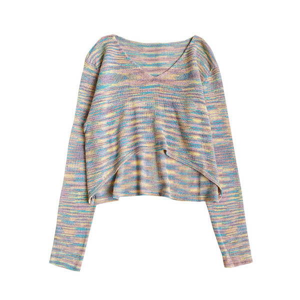 Värviline naiste kampsun pikkade varrukatega ja spitsikaelusega