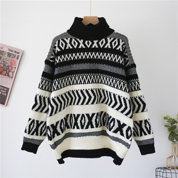 Naiste kõrge krae ja mustriga kampsun