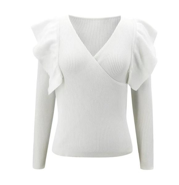 Γυναικείο casual πουλόβερ με λαιμόκοψη και μακριά μανίκια σε άσπρο χρώμα
