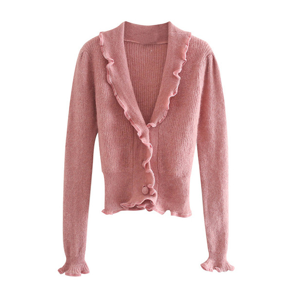 Lühike kootud vest lokkide ja spitsikaelusega