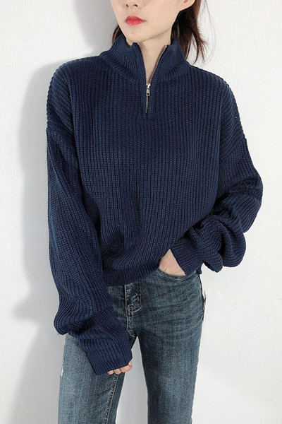 Γυναικείο πουλόβερ με ψηλό γιακά και φερμουάρ σε μπλε χρώμα