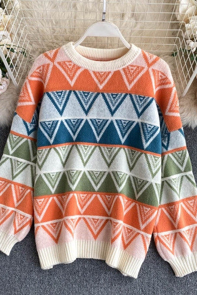 Πολύχρωμο γυναικείο πουλόβερ με στρογγυλή λαιμόκοψη