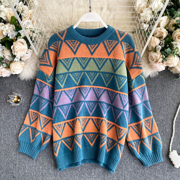 Πολύχρωμο γυναικείο πουλόβερ με στρογγυλή λαιμόκοψη