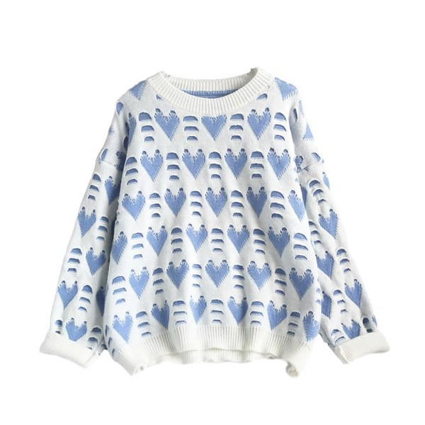 Casual γυναικείο πουλόβερ με τύπωμα καρδιές με στρογγυλή λαιμόκοψη