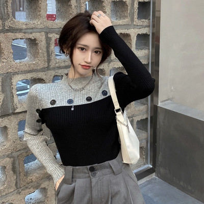 Γυναικείο casual πουλόβερ λεπτό πλεκτό  με κουμπιά και ψηλό γιακά