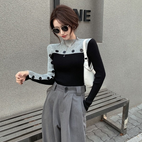 Ženski casual džemper od tankog pletiva s gumbima i visokim ovratnikom