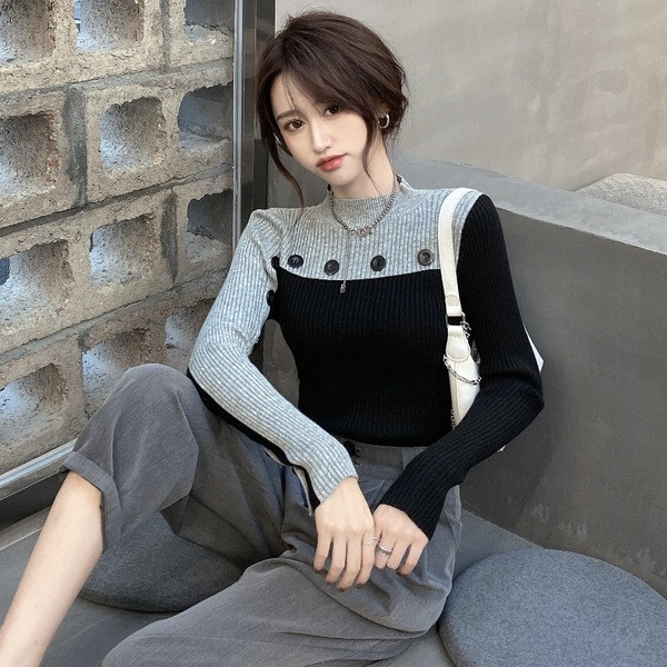 Ženski casual džemper od tankog pletiva s gumbima i visokim ovratnikom