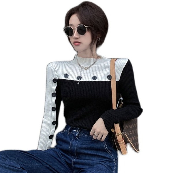 Ženski casual džemper od tankog pletiva s gumbima i visokim ovratnikom