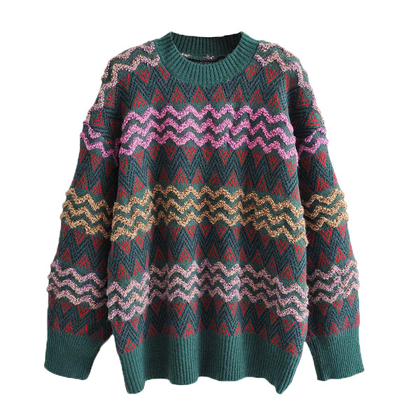 Ženski široki pulover s uzorkom i ovalnim izrezom