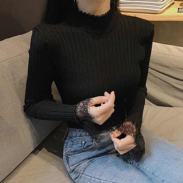 Γυναικείο πουλόβερ με ψηλό γιακά και δαντέλα σε τρία χρώματα