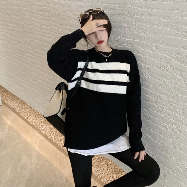 Naiste vabaaja lai ovaalse kaelusega kampsun valge ja must