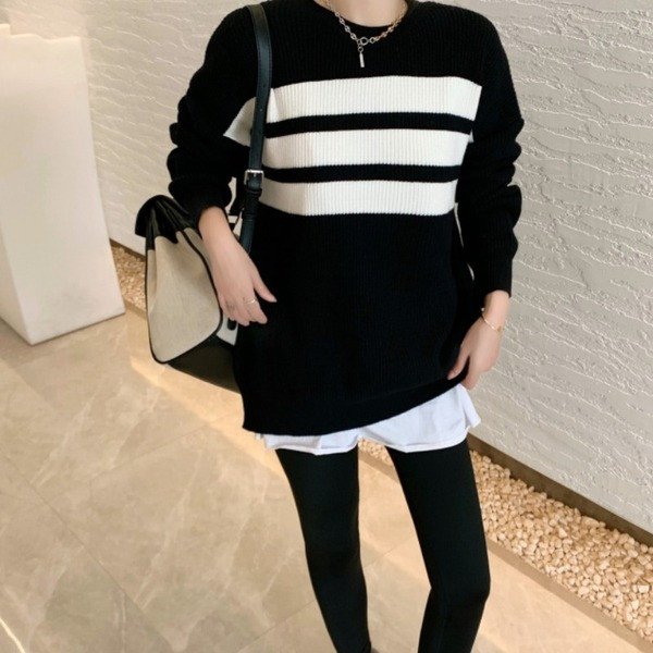 Naiste vabaaja lai ovaalse kaelusega kampsun valge ja must