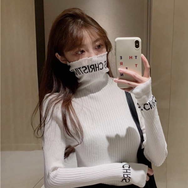 Γυναικείο casual πουλόβερ με ψηλό κολάρο και επιγραφή