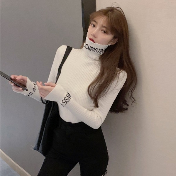 Γυναικείο casual πουλόβερ με ψηλό κολάρο και επιγραφή