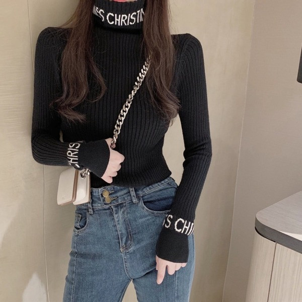 Γυναικείο casual πουλόβερ με ψηλό κολάρο και επιγραφή