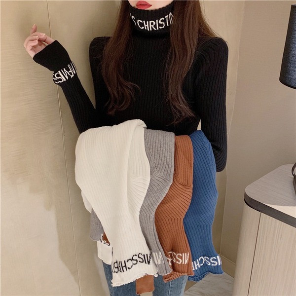 Γυναικείο casual πουλόβερ με ψηλό κολάρο και επιγραφή