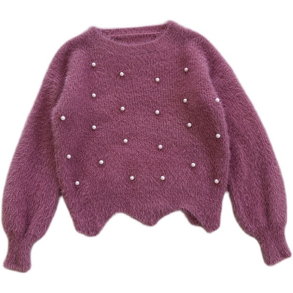 Συμμετρικό γυναικείο πουλόβερ με πέρλες και στρογγυλή λαιμόκοψη