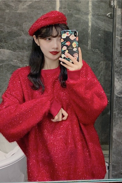 Γυναικείο casual μακρύ πουλόβερ με οβάλ λαιμόκοψη και λαμπερό εφέ