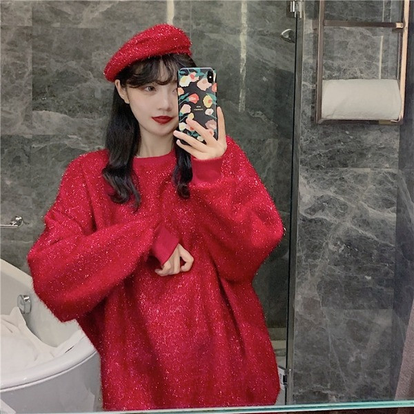 Γυναικείο casual μακρύ πουλόβερ με οβάλ λαιμόκοψη και λαμπερό εφέ