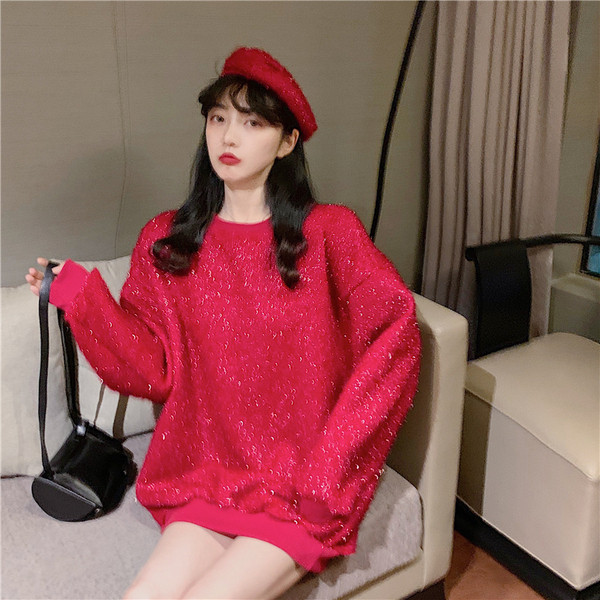 Γυναικείο casual μακρύ πουλόβερ με οβάλ λαιμόκοψη και λαμπερό εφέ