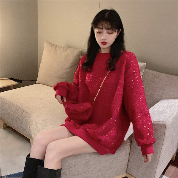 Γυναικείο casual μακρύ πουλόβερ με οβάλ λαιμόκοψη και λαμπερό εφέ