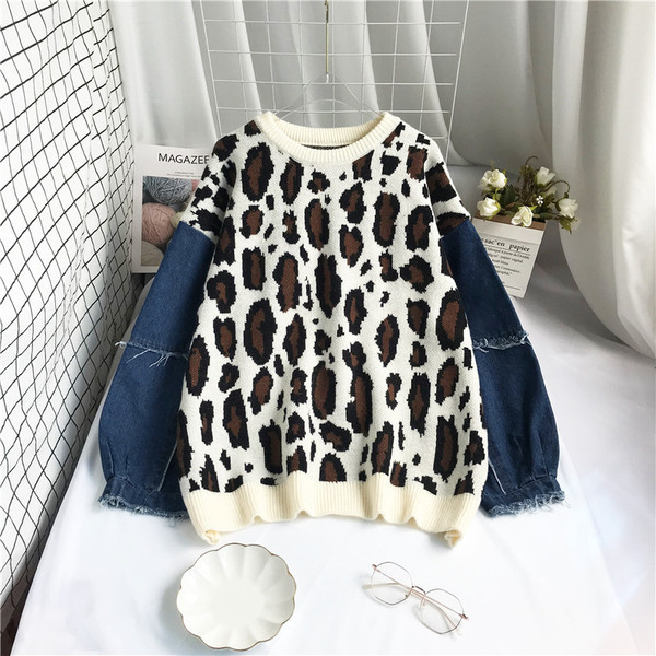 Moodne loomamustri ja teksavarrukatega naiste kampsun