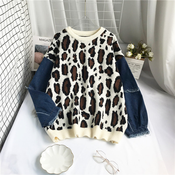 Moodne loomamustri ja teksavarrukatega naiste kampsun