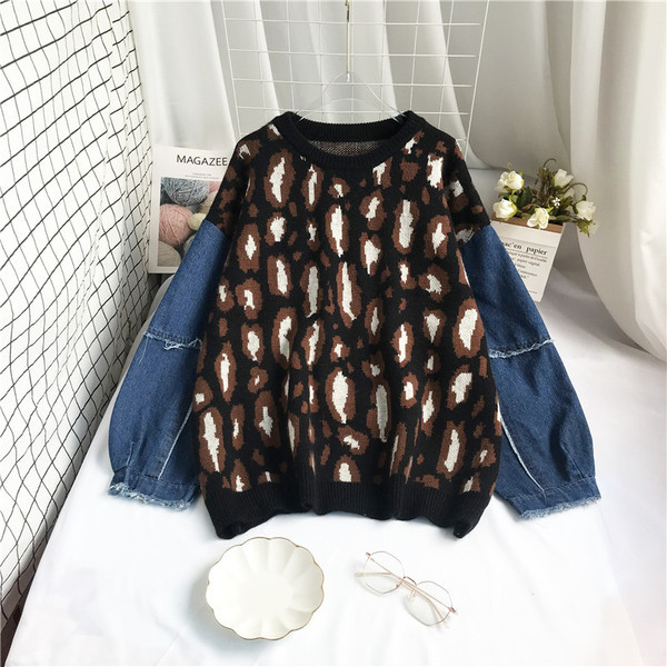 Moodne loomamustri ja teksavarrukatega naiste kampsun