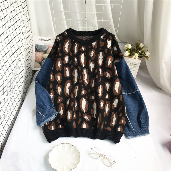 Moodne loomamustri ja teksavarrukatega naiste kampsun