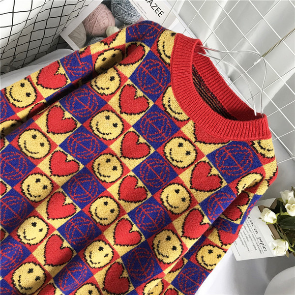 Πολύχρωμο γυναικείο πουλόβερ - με οβάλ ντεκολτέ και μακριά μανίκια