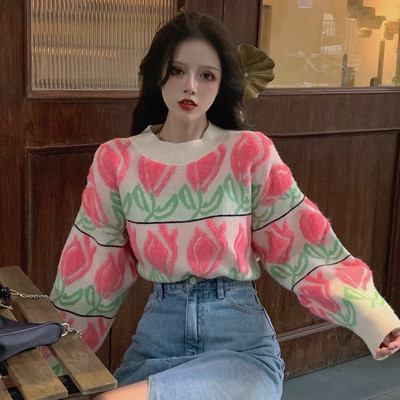 Γυναικείο casual πουλόβερ με χρωματιστό μοτίβο και φαρδιά μανίκια