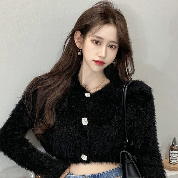 Cardigan scurt de damă modern din puf, cu nasturi