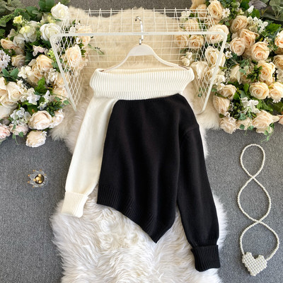 Γυναικείο casual πουλόβερ με κοψίματα - ασύμμετρο μοτίβο