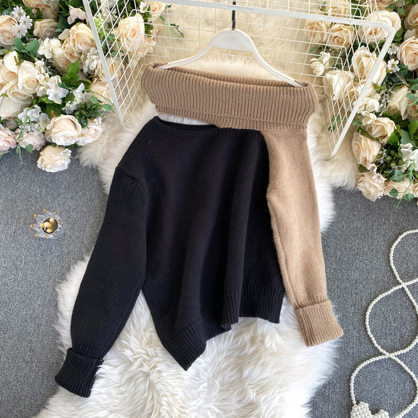 Γυναικείο casual πουλόβερ με κοψίματα - ασύμμετρο μοτίβο