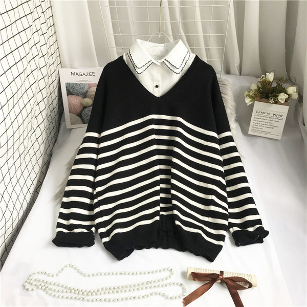 Νέο μοντέρνο γυναικείο ριγέ πουλόβερ με λαιμόκοψη