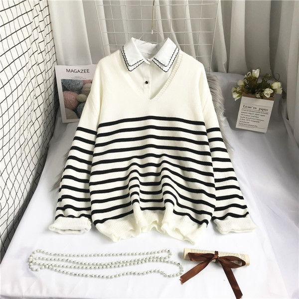 Νέο μοντέρνο γυναικείο ριγέ πουλόβερ με λαιμόκοψη