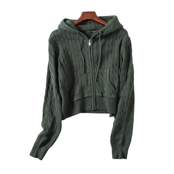 Κοντή πλεκτή ζακέτα με φερμουάρ και κουκούλα