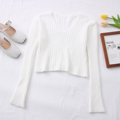 Šareni ženski pulover s dugim rukavima i špic izrezom