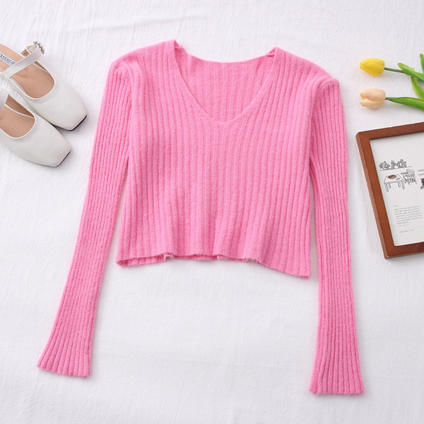 Šareni ženski pulover s dugim rukavima i špic izrezom