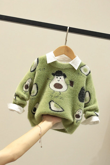 Пухен детски зелен пуловер с обло деколте 
