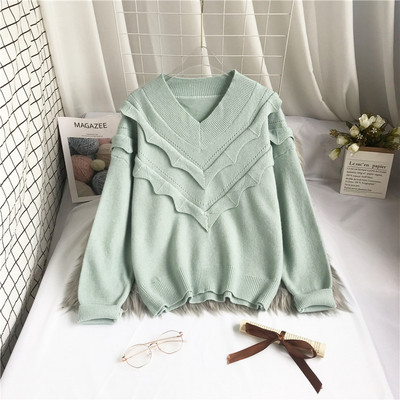 Νέο μοντέλο πλεκτό γυναικείο πουλόβερ με λαιμόκοψη και βολάν