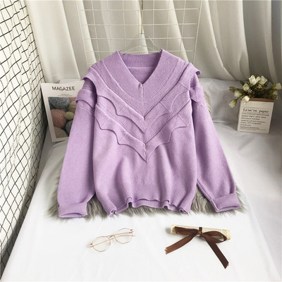 Νέο μοντέλο πλεκτό γυναικείο πουλόβερ με λαιμόκοψη και βολάν