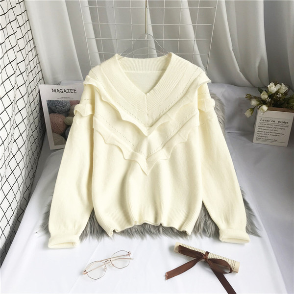 Νέο μοντέλο πλεκτό γυναικείο πουλόβερ με λαιμόκοψη και βολάν