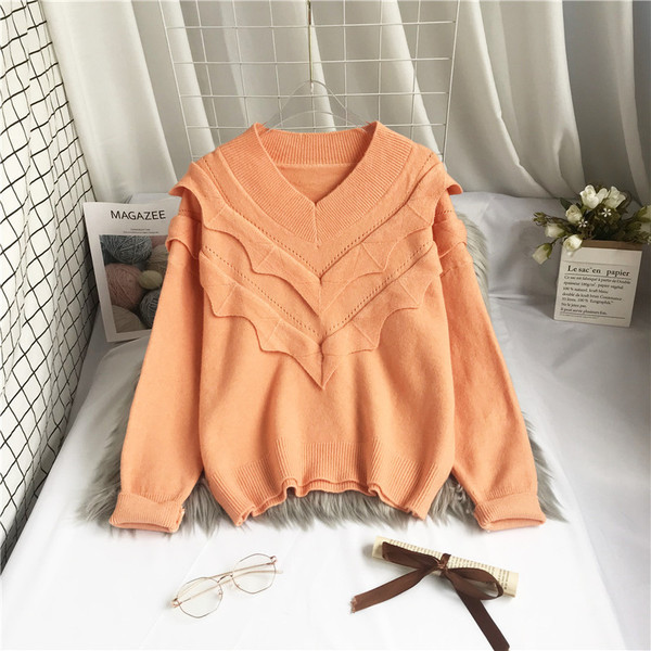 Νέο μοντέλο πλεκτό γυναικείο πουλόβερ με λαιμόκοψη και βολάν