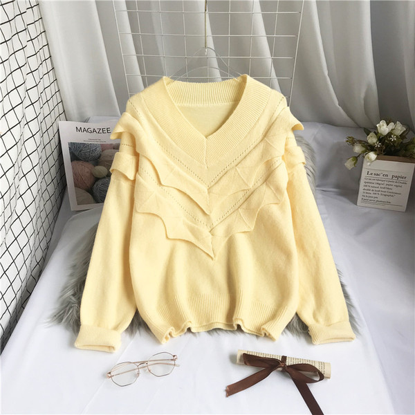 Νέο μοντέλο πλεκτό γυναικείο πουλόβερ με λαιμόκοψη και βολάν