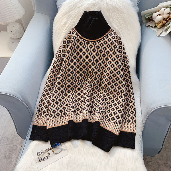 Γυναικείο casual πουλόβερ με γιακά - φαρδύ μοντέλο