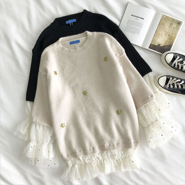 Μακρύ γυναικείο πουλόβερ με τούλι και κεντήματα αστέρι